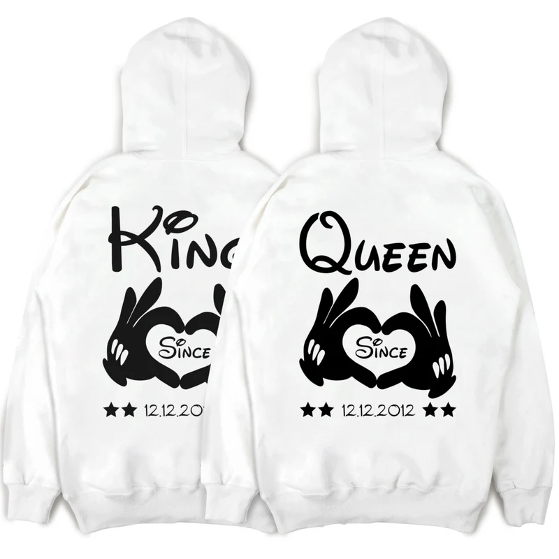 KING und QUEEN Hoodies mit Händen und Wunschdatum Pärchenpullis im SET