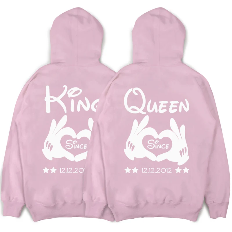 KING und QUEEN Hoodies mit Händen und Wunschdatum Pärchenpullis im SET