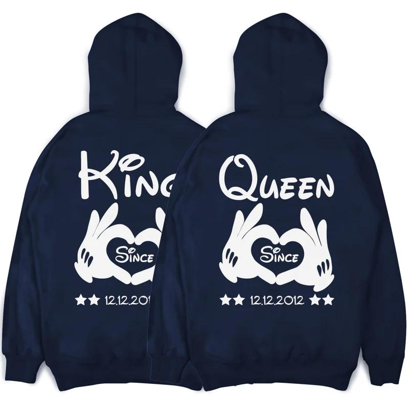 KING und QUEEN Hoodies mit Händen und Wunschdatum Pärchenpullis im SET