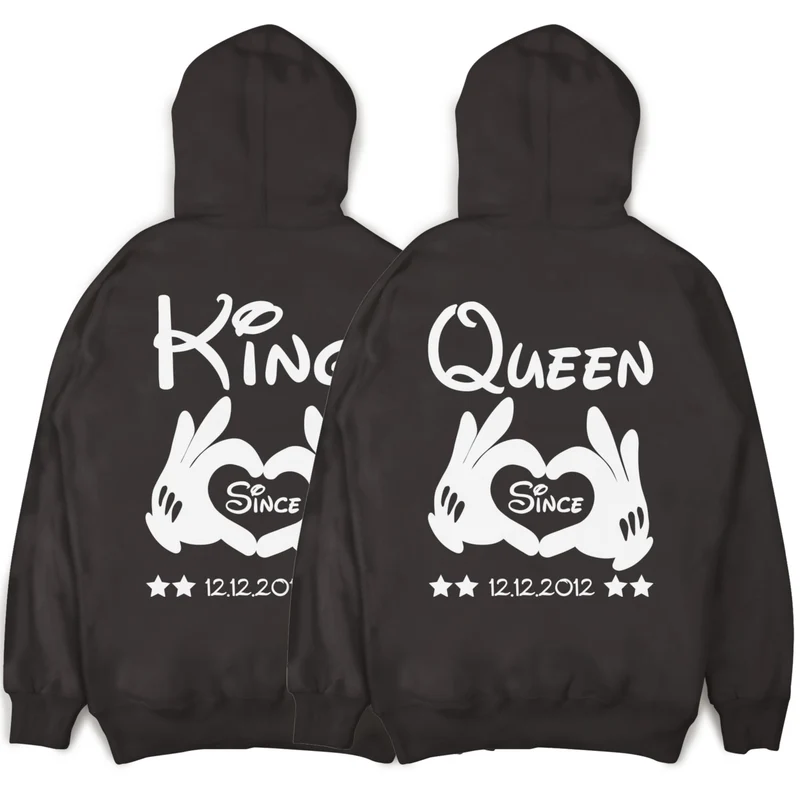 KING und QUEEN Hoodies mit Händen und Wunschdatum Pärchenpullis im SET