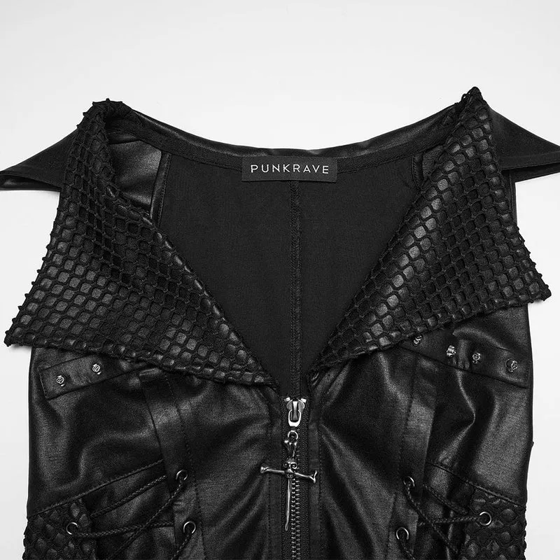 Punk-Weste für Damen mit Totenkopf-Nieten, Schnürung und Umlegekragen
