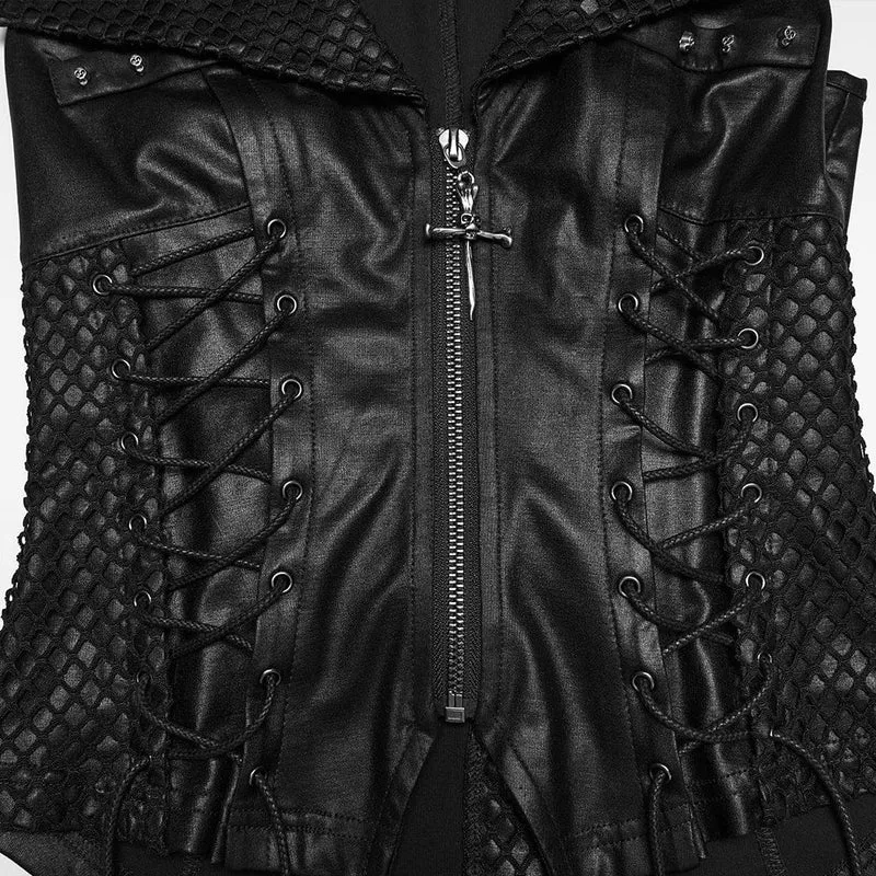 Punk-Weste für Damen mit Totenkopf-Nieten, Schnürung und Umlegekragen