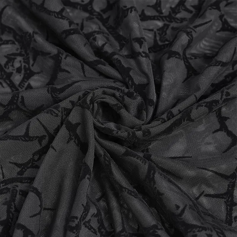 Gothic-Leggings für Damen mit dornigem Rankenmuster, beflockt und aus transparentem Mesh