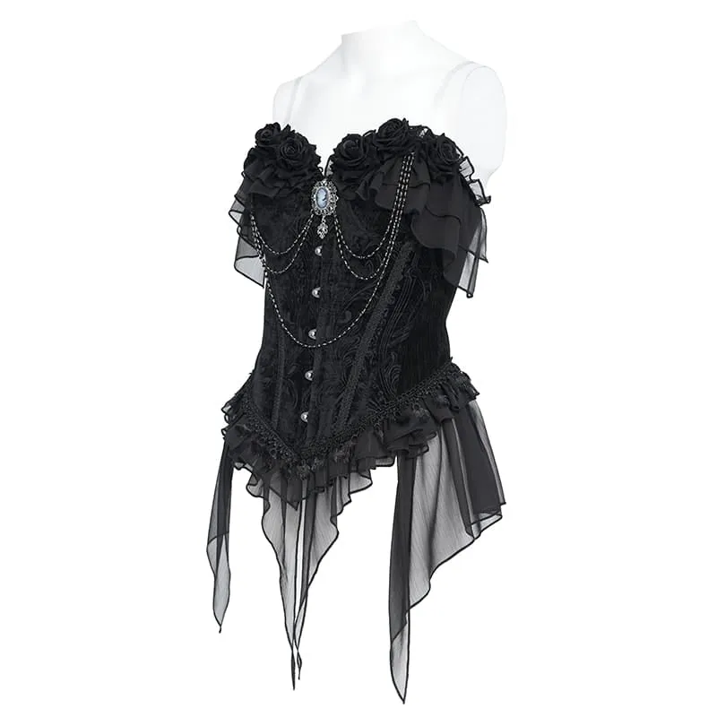 Gothic-Schnürkorsett aus Jacquard-Stoff mit asymmetrisch drapierten, transparenten Chiffon-Schlaufen für Damen