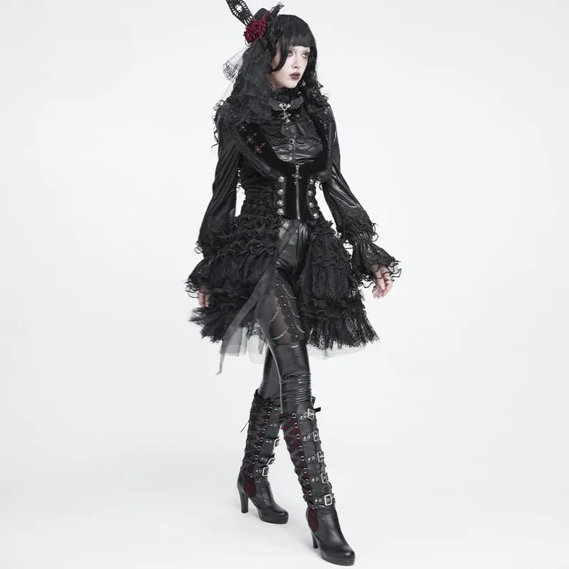 Gothic-Frack für Damen mit Schnürrevers und Jacquardmuster, ärmellos
