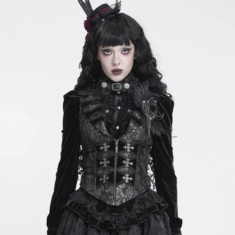 Gothic-Weste für Damen mit gekreuztem Revers, Reißverschluss vorne und Schwalbenschwanz