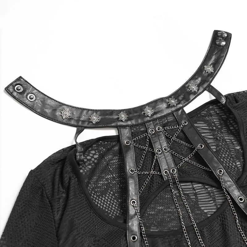Punk-Langarmtop für Damen mit Kettenmuster und Cut-outs