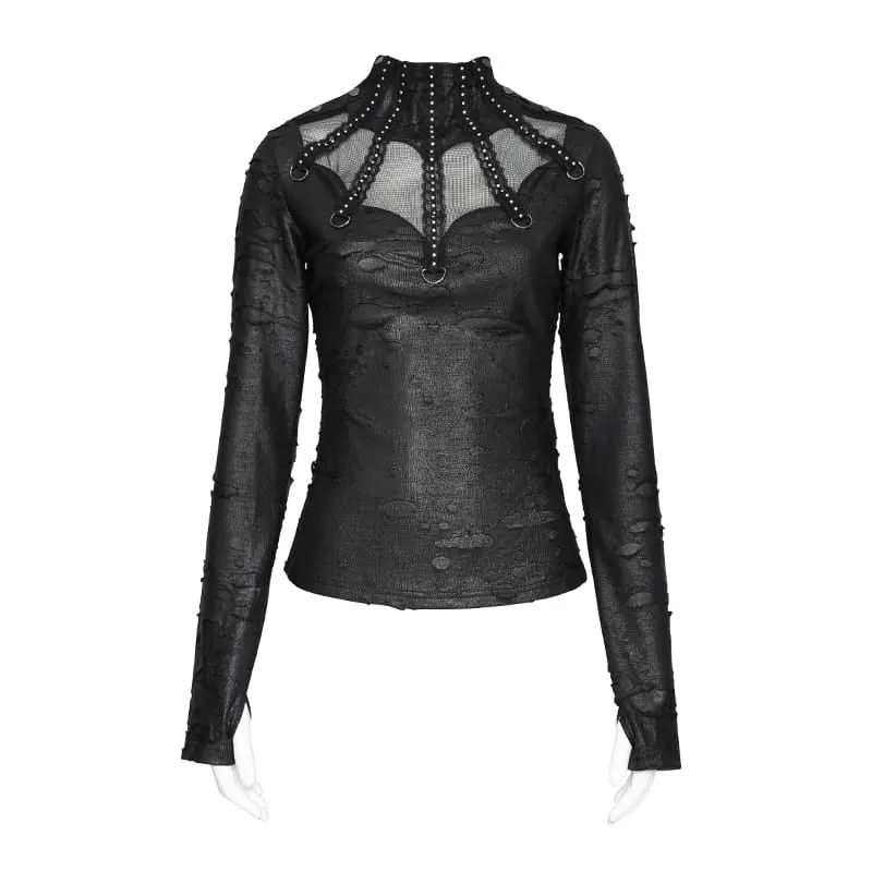 Punk-Langarmshirt für Damen im Used-Look mit Stehkragen