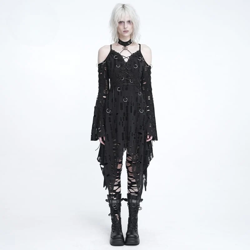 Punk-Kleid für Damen mit Ringen, zerrissenem, unregelmäßigem Saum und schulterfreiem Schnitt – Abschlusskleid