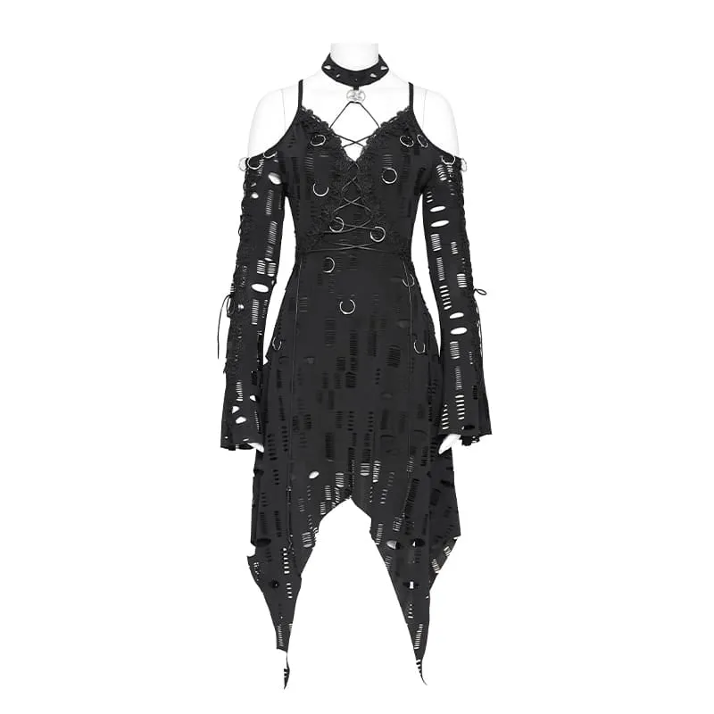 Punk-Kleid für Damen mit Ringen, zerrissenem, unregelmäßigem Saum und schulterfreiem Schnitt – Abschlusskleid