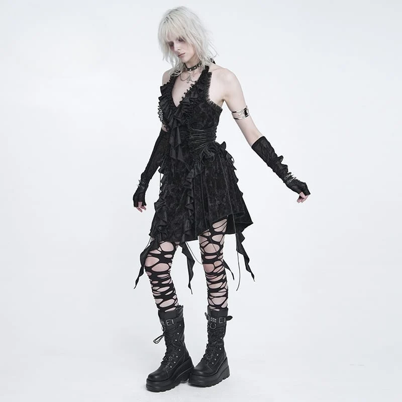 Gothic-Rüschenkleid für Damen mit tiefem V-Ausschnitt und Neckholder