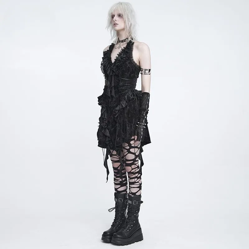 Gothic-Rüschenkleid für Damen mit tiefem V-Ausschnitt und Neckholder