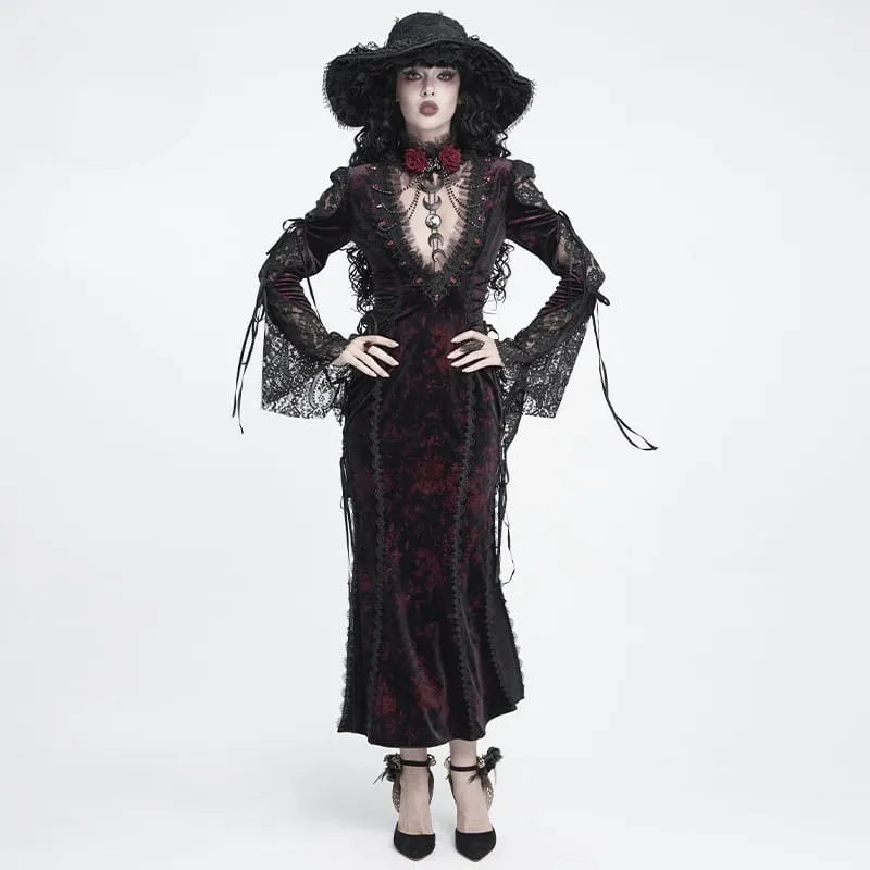 Gothic-Samtkleid für Damen mit tiefem V-Ausschnitt, Spitze und langen Ärmeln, Hochzeitskleid, Schwarz-Rot