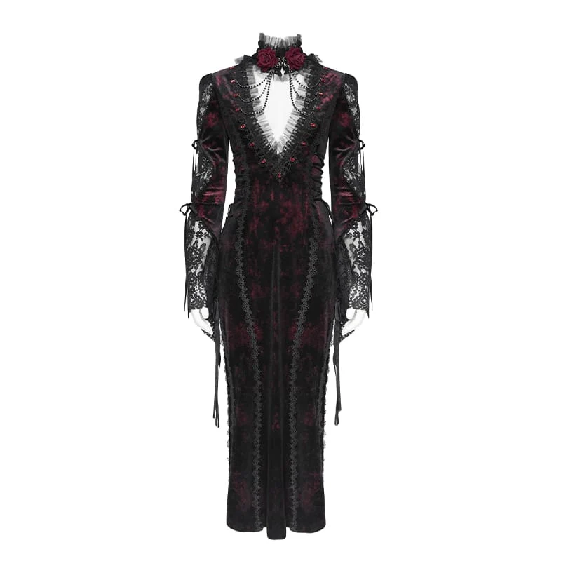 Gothic-Samtkleid für Damen mit tiefem V-Ausschnitt, Spitze und langen Ärmeln, Hochzeitskleid, Schwarz-Rot