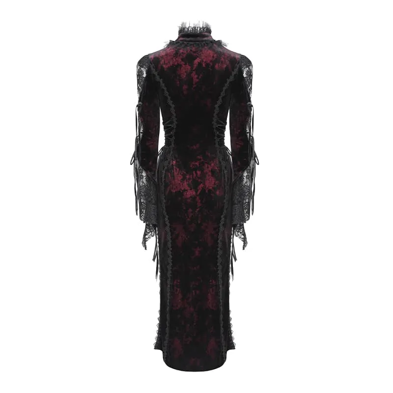 Gothic-Samtkleid für Damen mit tiefem V-Ausschnitt, Spitze und langen Ärmeln, Hochzeitskleid, Schwarz-Rot