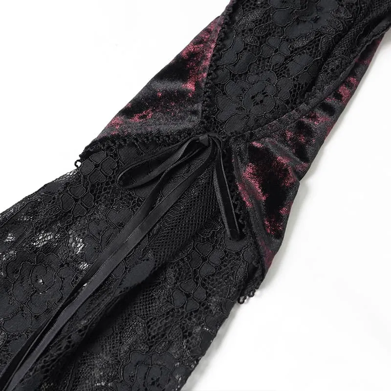 Gothic-Samtkleid für Damen mit tiefem V-Ausschnitt, Spitze und langen Ärmeln, Hochzeitskleid, Schwarz-Rot