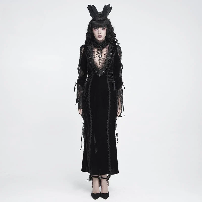 Schwarzes Gothic-Samtkleid für Damen mit tiefem V-Ausschnitt, Spitze und langen Ärmeln – ideal als Hochzeitskleid.
