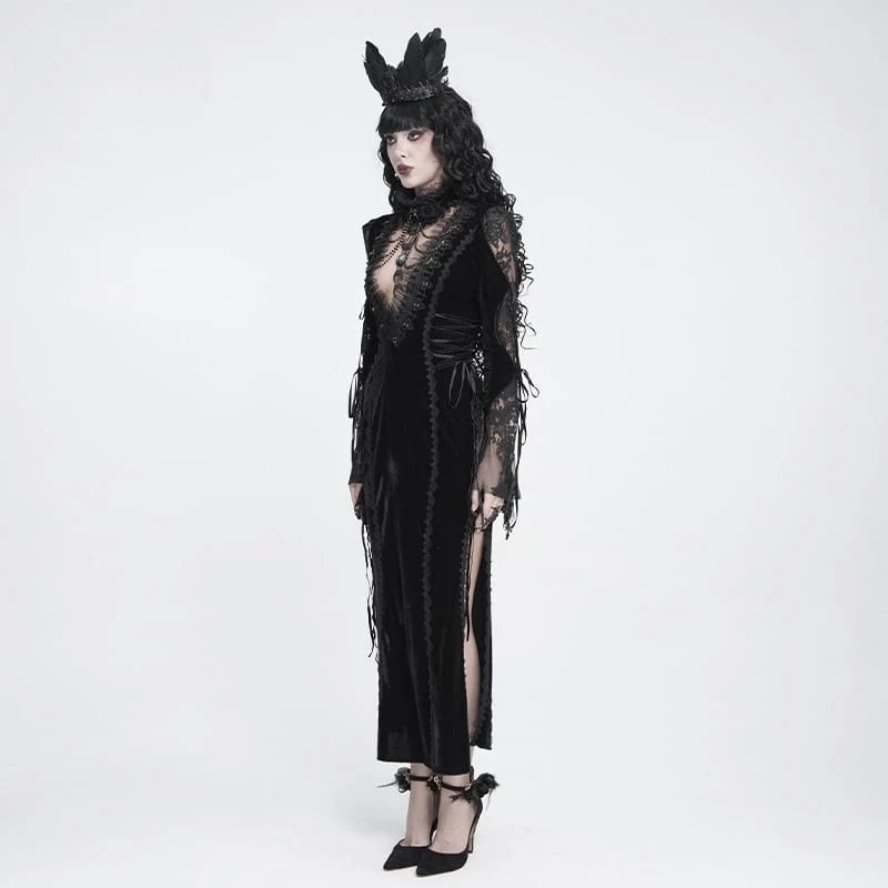 Schwarzes Gothic-Samtkleid für Damen mit tiefem V-Ausschnitt, Spitze und langen Ärmeln – ideal als Hochzeitskleid.