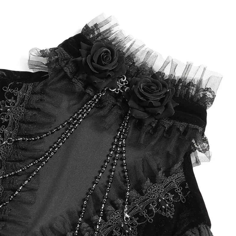 Schwarzes Gothic-Samtkleid für Damen mit tiefem V-Ausschnitt, Spitze und langen Ärmeln – ideal als Hochzeitskleid.