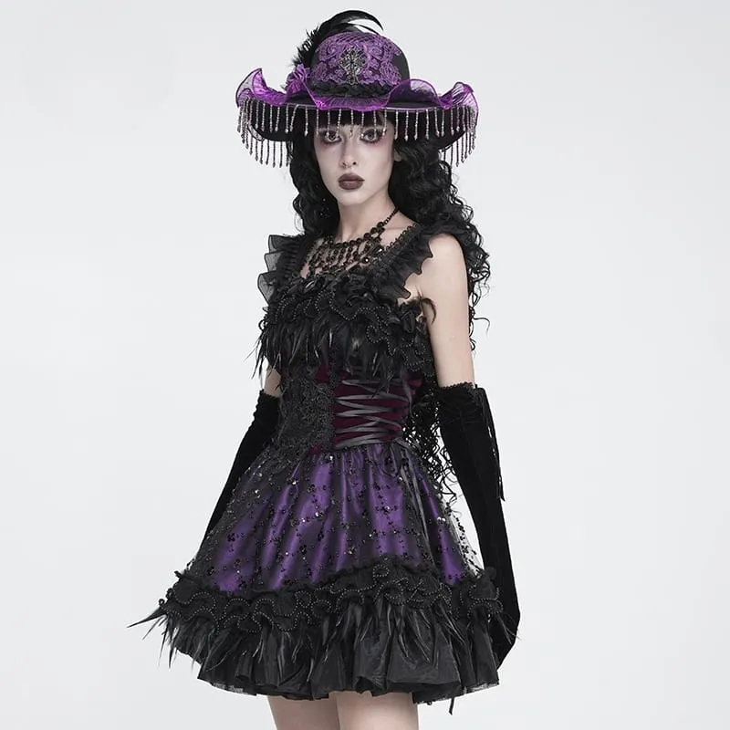 Gothic-Schnürkleid mit Federbesatz, Stickerei, schwarz-lila, Abschlusskleid