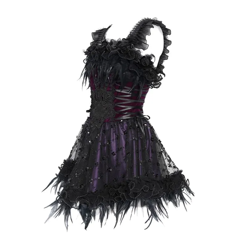 Gothic-Schnürkleid mit Federbesatz, Stickerei, schwarz-lila, Abschlusskleid