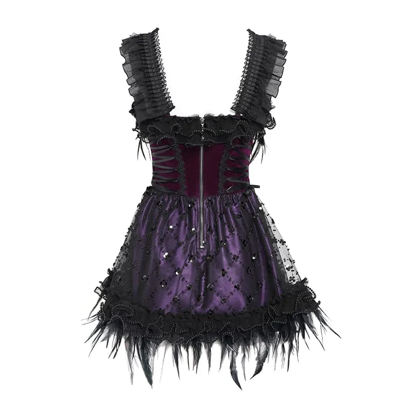 Gothic-Schnürkleid mit Federbesatz, Stickerei, schwarz-lila, Abschlusskleid