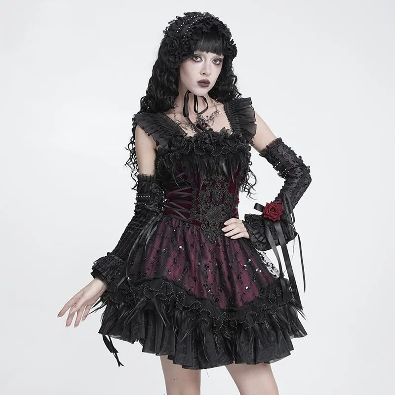 Gothic-Schnürkleid mit Federbesatz und Stickerei, schwarz-rot, ideal für Abschlussfeiern
