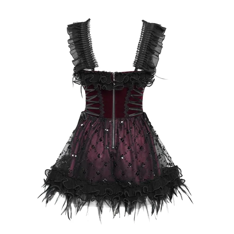 Gothic-Schnürkleid mit Federbesatz und Stickerei, schwarz-rot, ideal für Abschlussfeiern