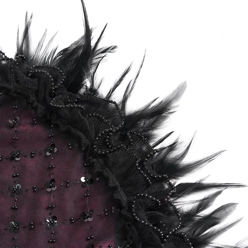 Gothic-Schnürkleid mit Federbesatz und Stickerei, schwarz-rot, ideal für Abschlussfeiern