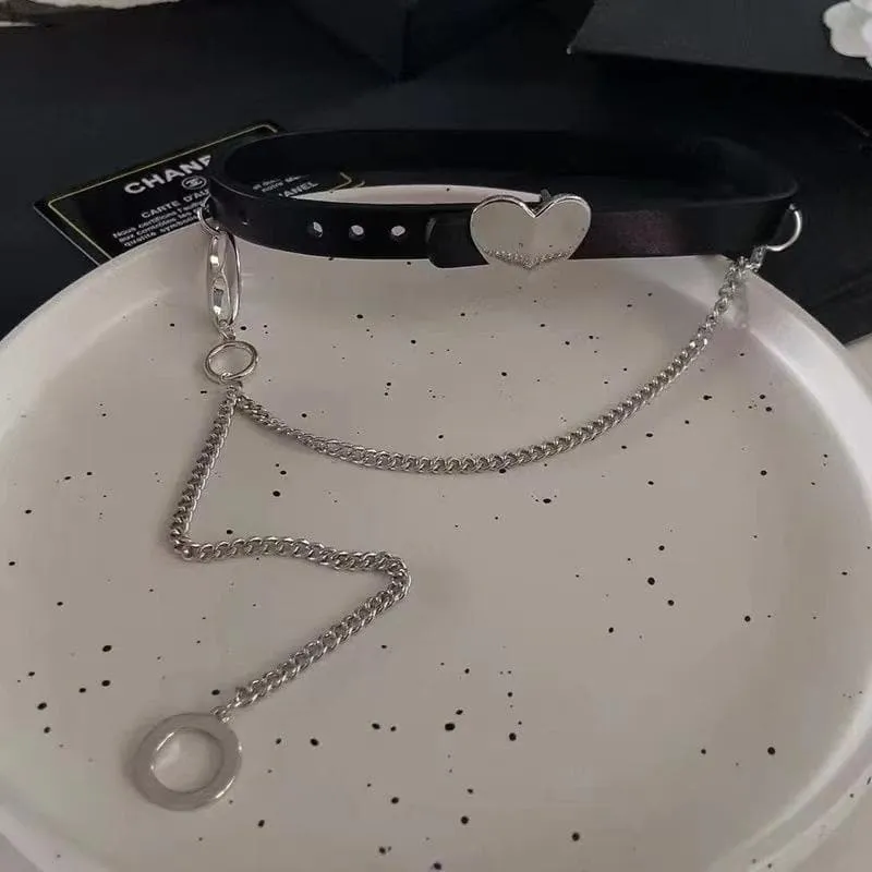 Leather heart pendant layered choker necklace