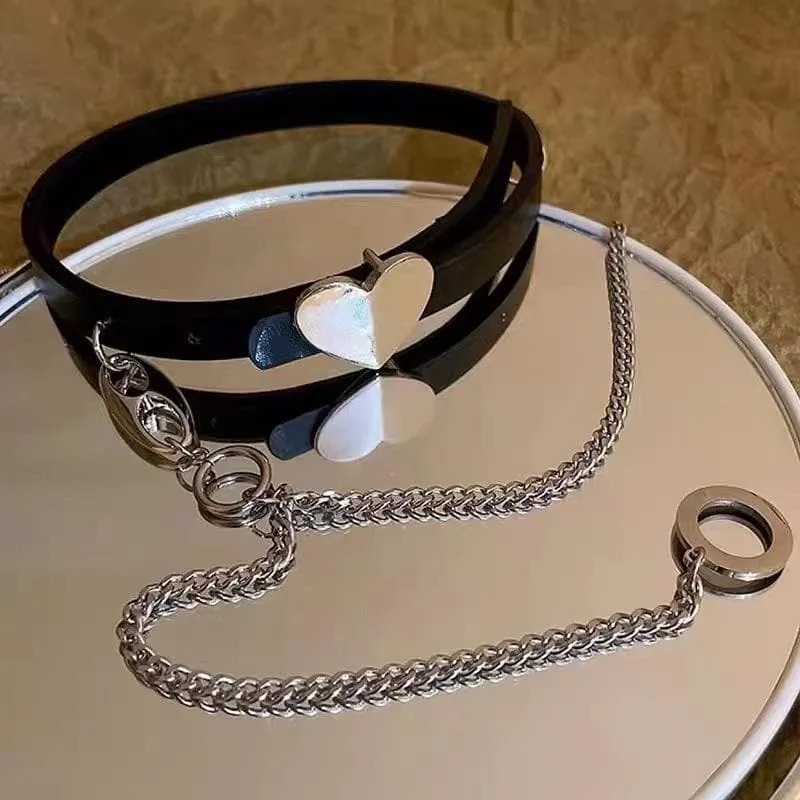 Leather heart pendant layered choker necklace