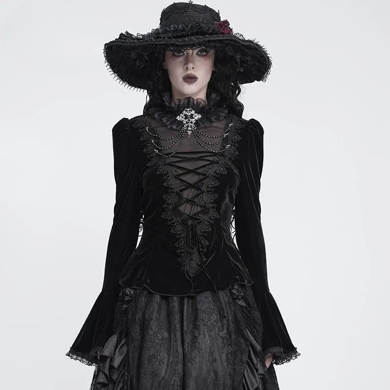 Schwarzes Gothic-Samttop für Damen mit Schnürung, Kettenverzierung und ausgestellten Ärmeln