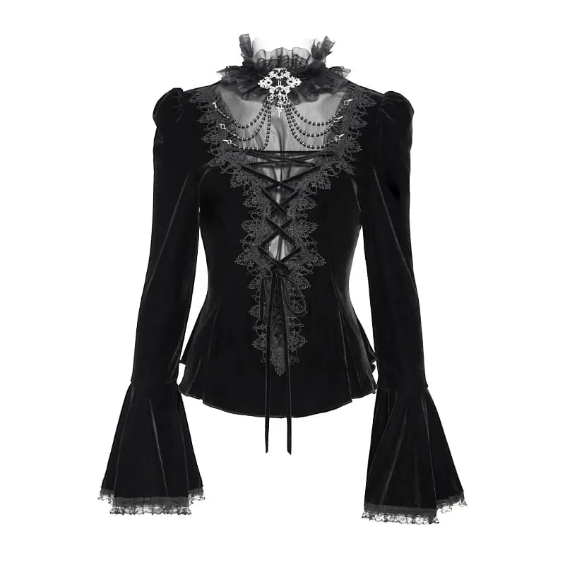 Schwarzes Gothic-Samttop für Damen mit Schnürung, Kettenverzierung und ausgestellten Ärmeln