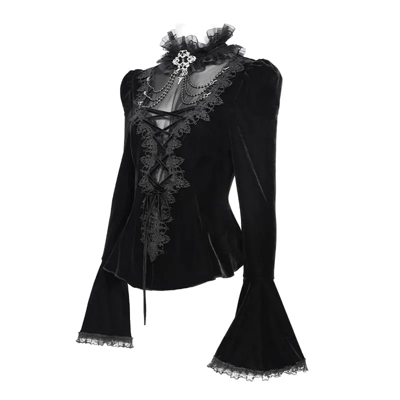 Schwarzes Gothic-Samttop für Damen mit Schnürung, Kettenverzierung und ausgestellten Ärmeln