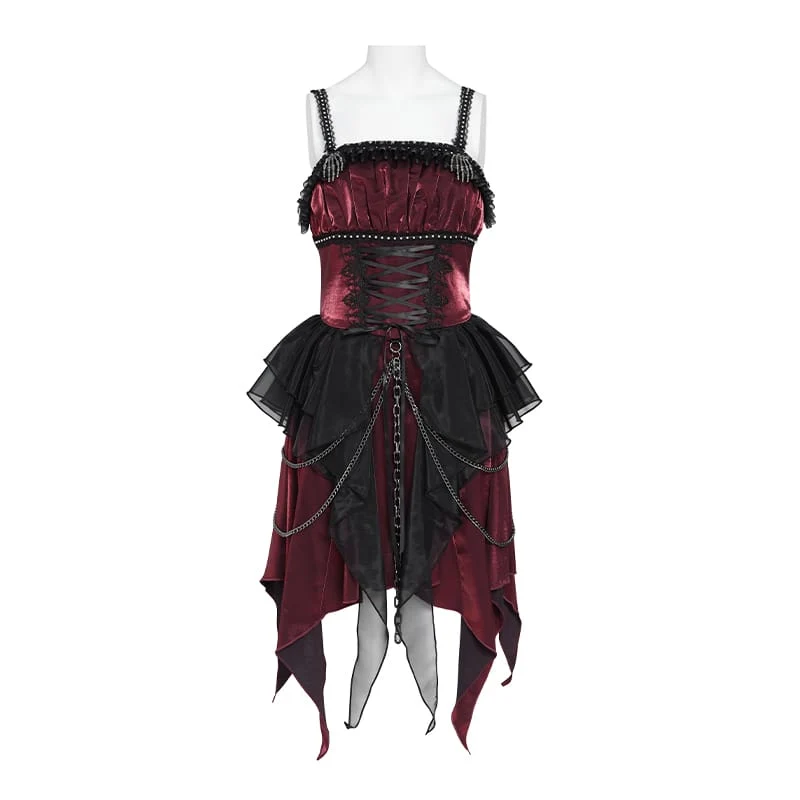 Gothic-Schnürkleid mit Kettenverzierungen, Raffungen und unregelmäßigem Saum, Brautkleid, Schwarz-Rot