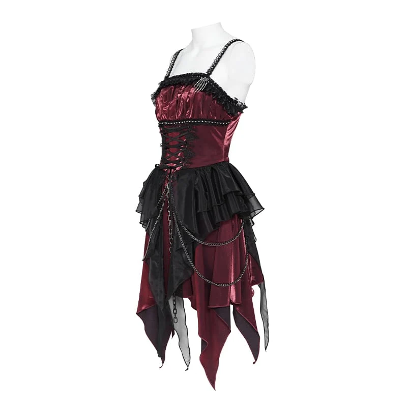 Gothic-Schnürkleid mit Kettenverzierungen, Raffungen und unregelmäßigem Saum, Brautkleid, Schwarz-Rot