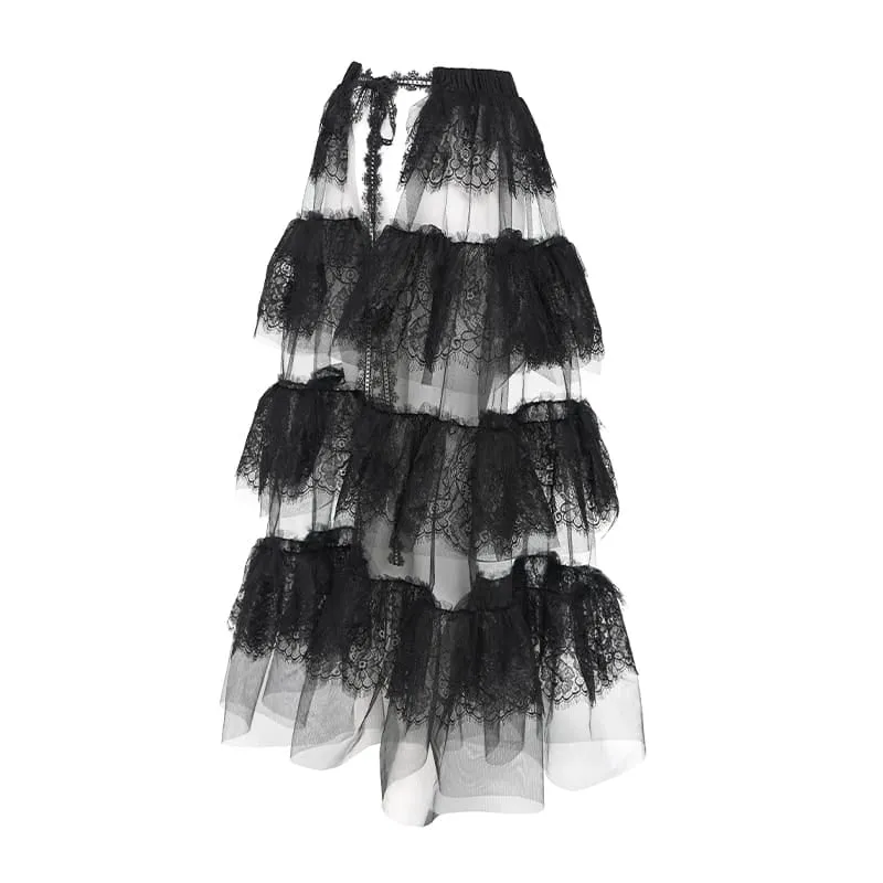 Gothic-Maxirock für Damen mit mehreren Lagen aus floraler Spitze und Mesh