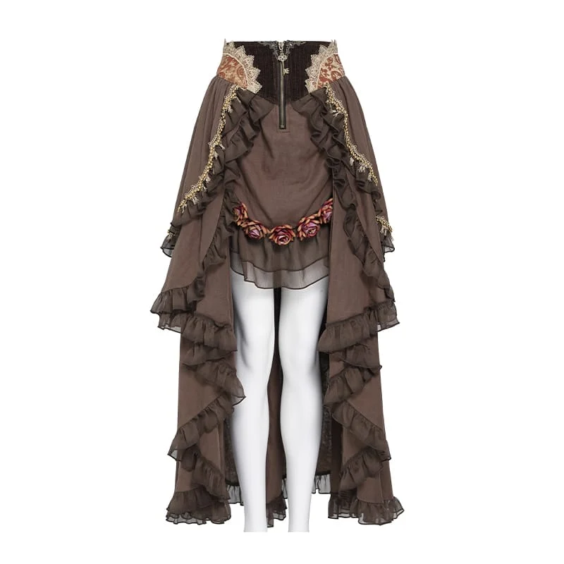 Gothic-Rüschenrock für Damen mit unregelmäßigem Saum und Rosenmuster.