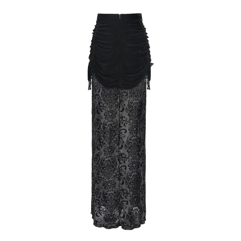 Gothic-Rock für Damen mit Blumenmuster, Perlen- und Quastenbesatz, gerafft und lang