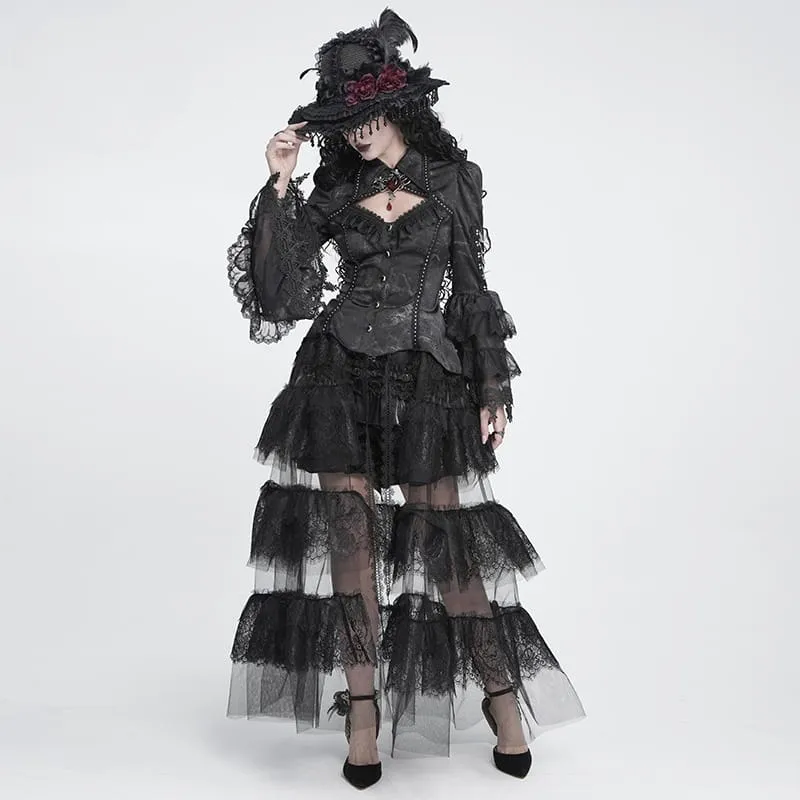 Gothic-Damenbluse mit Schnürung, Ketten, Cut-outs und ausgestellten Ärmeln