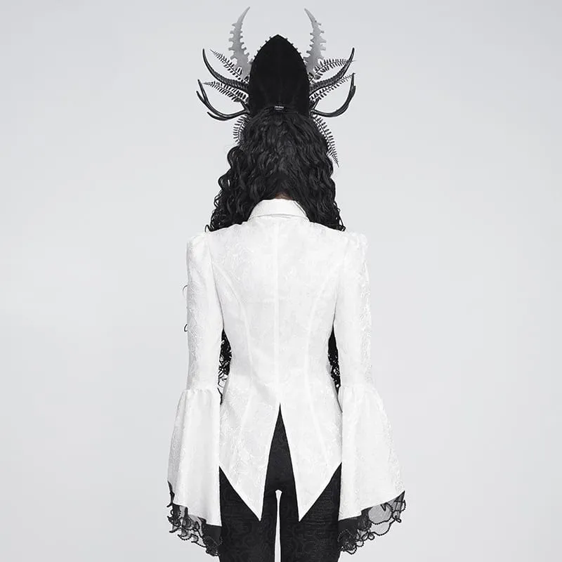 Weiße Gothic-Jacquard-Bluse mit Schwalbenschwanzärmeln und Kragen sowie Schleife für Damen