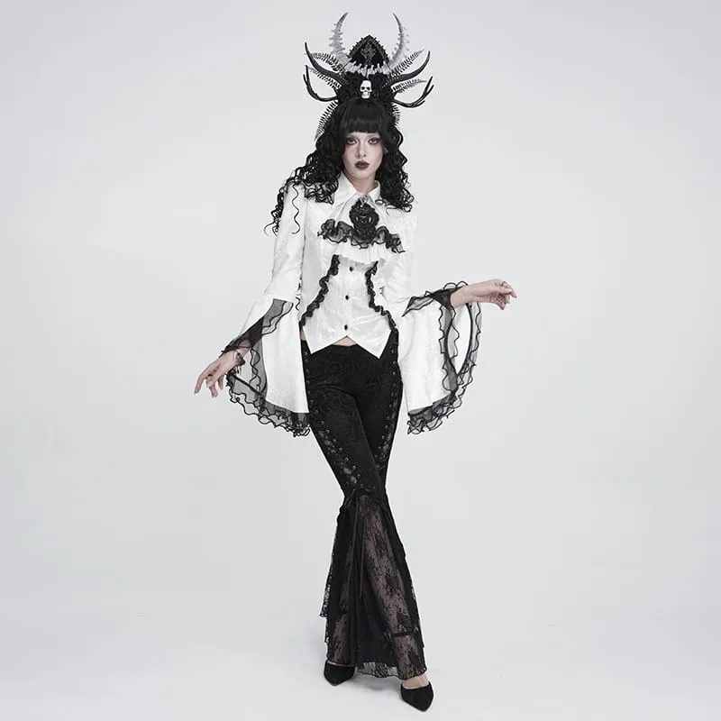 Weiße Gothic-Jacquard-Bluse mit Schwalbenschwanzärmeln und Kragen sowie Schleife für Damen