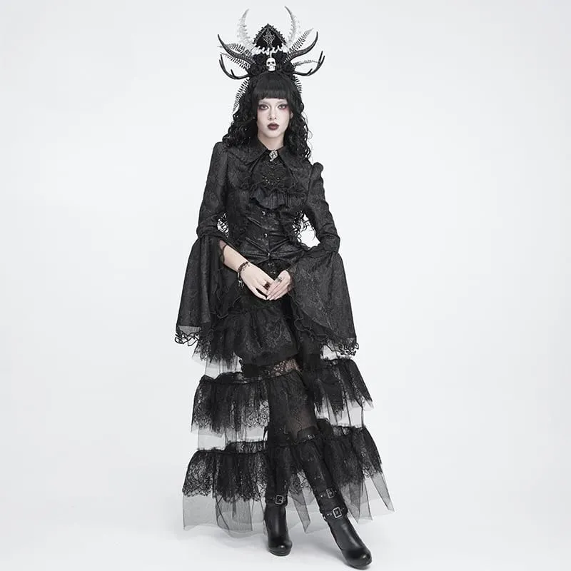 Schwarze Gothic-Jacquard-Bluse mit Schwalbenschwanzärmeln und Kragen mit Schleife für Damen