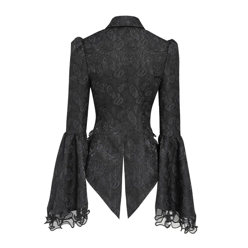 Schwarze Gothic-Jacquard-Bluse mit Schwalbenschwanzärmeln und Kragen mit Schleife für Damen