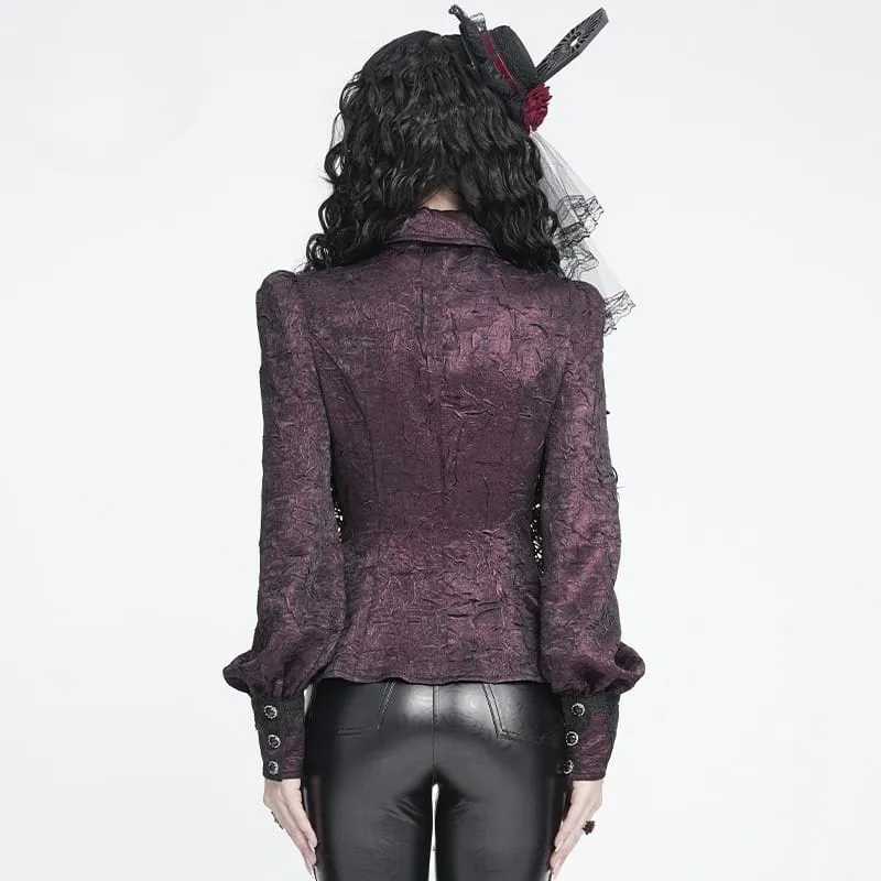 Gothic-Jacquard-Hemd für Damen mit Fledermausärmeln und Krawatte, rot