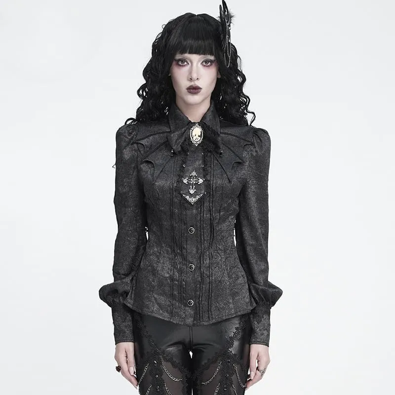 Schwarzes Gothic-Jacquard-Hemd für Damen mit Fledermausärmeln und Krawattenkragen