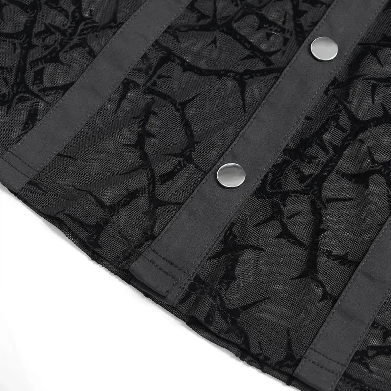 Gothic-Damenbluse mit transparentem, dornigem Rankenmuster, Fledermauskragen und langen Ärmeln