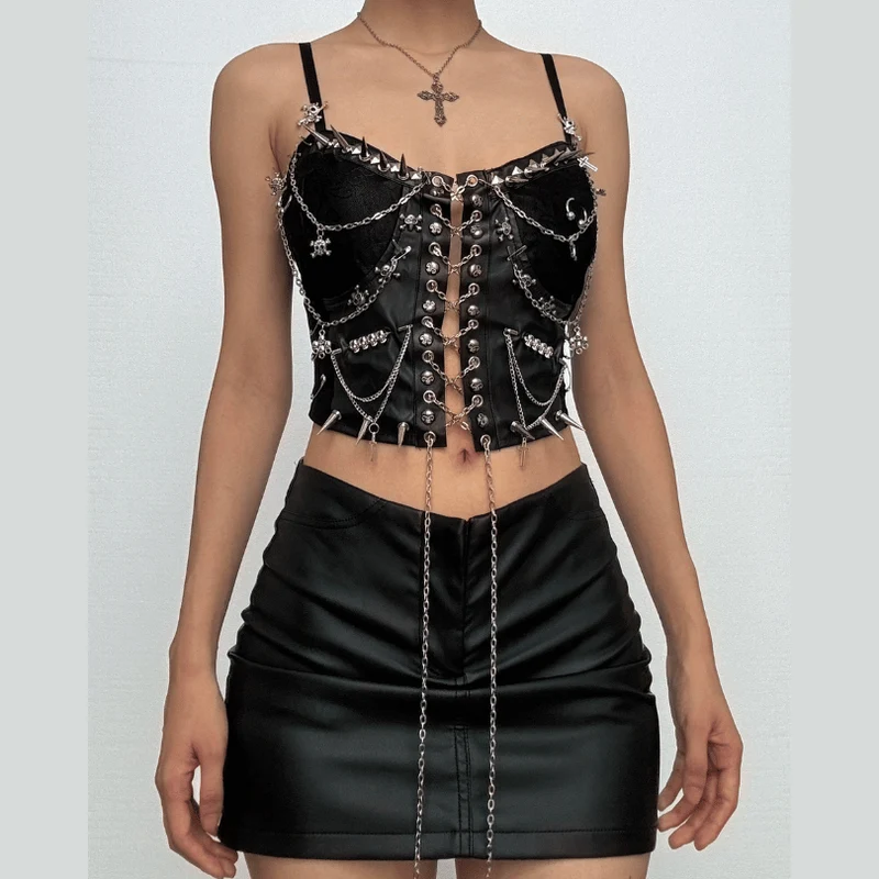 Leather chain rivet lace up cami top-final-sale