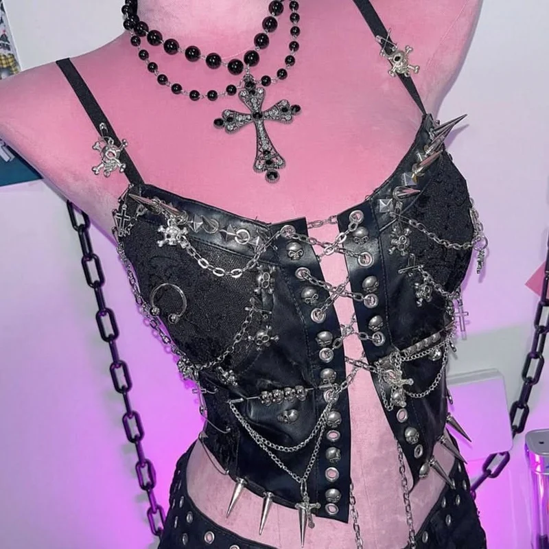 Leather chain rivet lace up cami top-final-sale