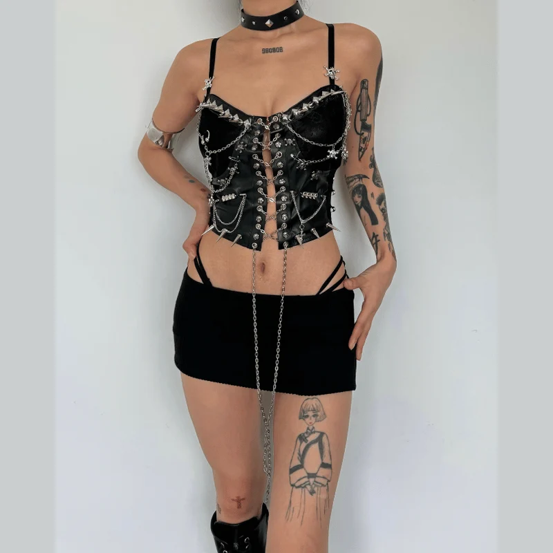 Leather chain rivet lace up cami top-final-sale